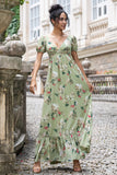 Flor Verde Uma Linha V Pescoço Backless Vestido de Festa de Casamento com mangas curtas