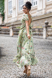 Flor Verde Uma Linha V Pescoço Backless Vestido de Festa de Casamento com mangas curtas