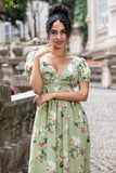 Flor Verde Uma Linha V Pescoço Backless Vestido de Festa de Casamento com mangas curtas