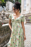 Flor Verde Uma Linha V Pescoço Backless Vestido de Festa de Casamento com mangas curtas