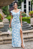 Branco azul flor sereia impressão maxi festa de casamento vestido convidado com fenda