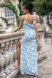 Branco azul flor sereia impressão maxi festa de casamento vestido convidado com fenda