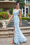 Branco azul flor sereia impressão maxi festa de casamento vestido convidado com fenda