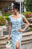 Branco azul flor sereia impressão maxi festa de casamento vestido convidado com fenda