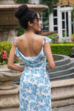 Branco azul flor sereia impressão maxi festa de casamento vestido convidado com fenda