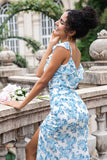 Branco azul flor sereia impressão maxi festa de casamento vestido convidado com fenda
