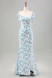 Branco Azul Flor Sereia Longo Vestido de Noiva com Fenda