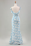 Branco Azul Flor Sereia Longo Vestido de Noiva com Fenda