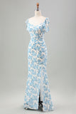Branco Azul Flor Sereia Longo Vestido de Noiva com Fenda