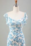 Branco Azul Flor Sereia Longo Vestido de Noiva com Fenda