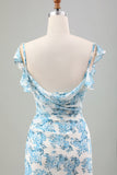 Branco Azul Flor Sereia Longo Vestido de Noiva com Fenda