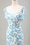 Branco Azul Flor Sereia Longo Vestido de Noiva com Fenda