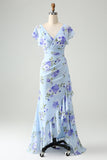 Floral Azul Uma Linha Folhos Assimétrico Vestido de Festa de Casamento com Fenda