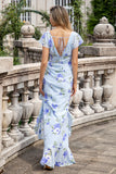 Floral Azul Uma Linha Folhos Assimétrico Vestido de Festa de Casamento com Fenda