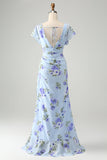 Floral Azul Uma Linha Folhos Assimétrico Vestido de Festa de Casamento com Fenda