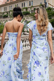 Azul Floral Uma Linha Querida Strapless Estampa Plissado Longo Vestido de Noiva Convidado