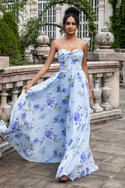 Azul Floral Uma Linha Querida Strapless Estampa Plissado Longo Vestido de Noiva Convidado