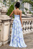 Azul Floral Uma Linha Querida Strapless Estampa Plissado Longo Vestido de Noiva Convidado