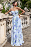 Azul Floral Uma Linha Querida Strapless Estampa Plissado Longo Vestido de Noiva Convidado