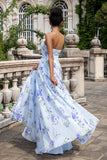 Azul Floral Uma Linha Querida Strapless Estampa Plissado Longo Vestido de Noiva Convidado