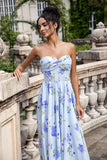 Azul Floral Uma Linha Querida Strapless Estampa Plissado Longo Vestido de Noiva Convidado