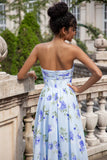 Azul Floral Uma Linha Querida Strapless Estampa Plissado Longo Vestido de Noiva Convidado