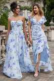 Azul Floral Uma Linha Querida Strapless Estampa Plissado Longo Vestido de Noiva Convidado