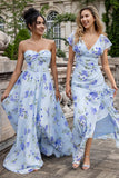 Azul Floral Uma Linha Querida Strapless Estampa Plissado Longo Vestido de Noiva Convidado