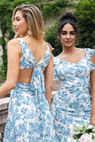 Flor azul branca Uma linha babado alto-baixo vestido de festa de casamento convidado