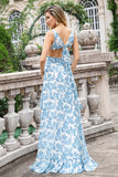 Flor azul branca Uma linha babado alto-baixo vestido de festa de casamento convidado