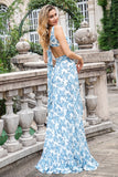 Flor azul branca Uma linha babado alto-baixo vestido de festa de casamento convidado