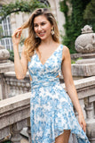 Flor azul branca Uma linha babado alto-baixo vestido de festa de casamento convidado