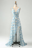 Flor azul branca Uma linha babado alto-baixo vestido de festa de casamento convidado