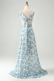 Flor azul branca Uma linha babado alto-baixo vestido de festa de casamento convidado