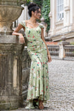 Verde grande flor sereia espartilho impressão maxi festa de casamento vestido convidado