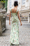 Verde grande flor sereia espartilho impressão maxi festa de casamento vestido convidado