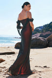 Preto vermelho sereia ombro frio longo vestido de dama de honra