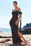 Preto vermelho sereia ombro frio longo vestido de dama de honra