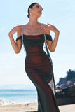 Preto vermelho sereia ombro frio longo vestido de dama de honra