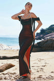 Preto vermelho sereia ombro frio longo vestido de dama de honra