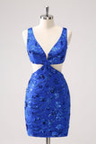 Royal Blue Bodycon Cut out Vestido Homecoming com Missangas