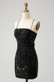 Chic Glitter Preto Esparguete Correias Apertado Homecoming Dress com Sequins