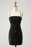 Chic Glitter Preto Esparguete Correias Apertado Homecoming Dress com Sequins