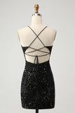 Chic Glitter Preto Esparguete Correias Apertado Homecoming Dress com Sequins