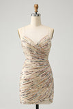 Glitter Champagne Esparguete Correias Apertado Curto Homecoming Dress com Sequins