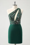 Glitter Verde Escuro Apertado Um Ombro Cut-Out Homecoming Dress