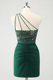 Glitter Verde Escuro Apertado Um Ombro Cut-Out Homecoming Dress