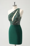 Glitter Verde Escuro Apertado Um Ombro Cut-Out Homecoming Dress