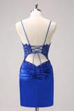 Sparkly Royal Blue Sequin Tight Short Homecoming Dress Com Renda Para Trás