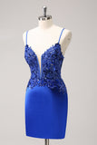 Sparkly Royal Blue Sequin Tight Short Homecoming Dress Com Renda Para Trás